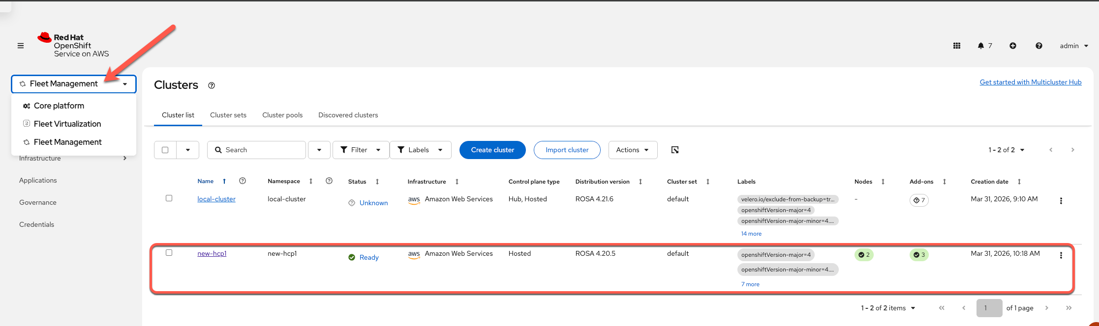 ACM Fleet Management Console showing the new cluster